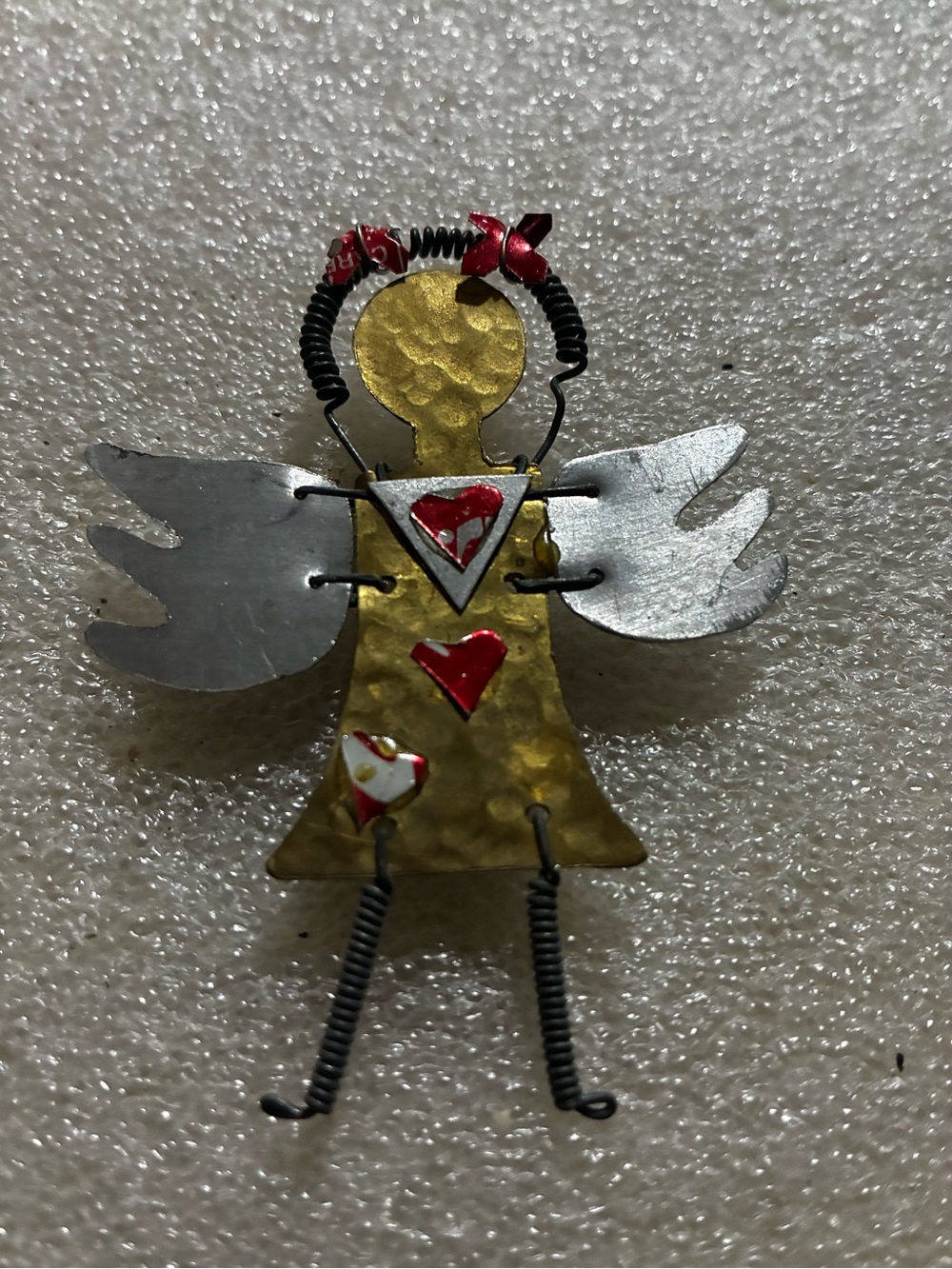 Artisian Metal Angel brooch in Gold and Silver with Red Heart Details